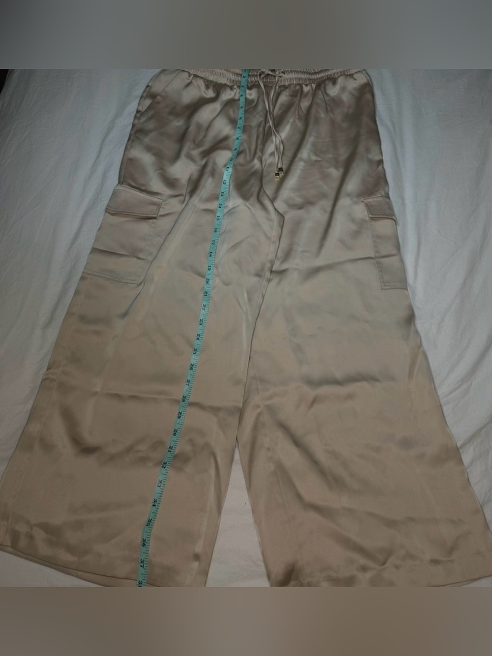 NWOT - NINE WEST Pants Satin Silk Cream/Tan/Beige Boho - Pockets Elastic Waist - Picture 7 of 8